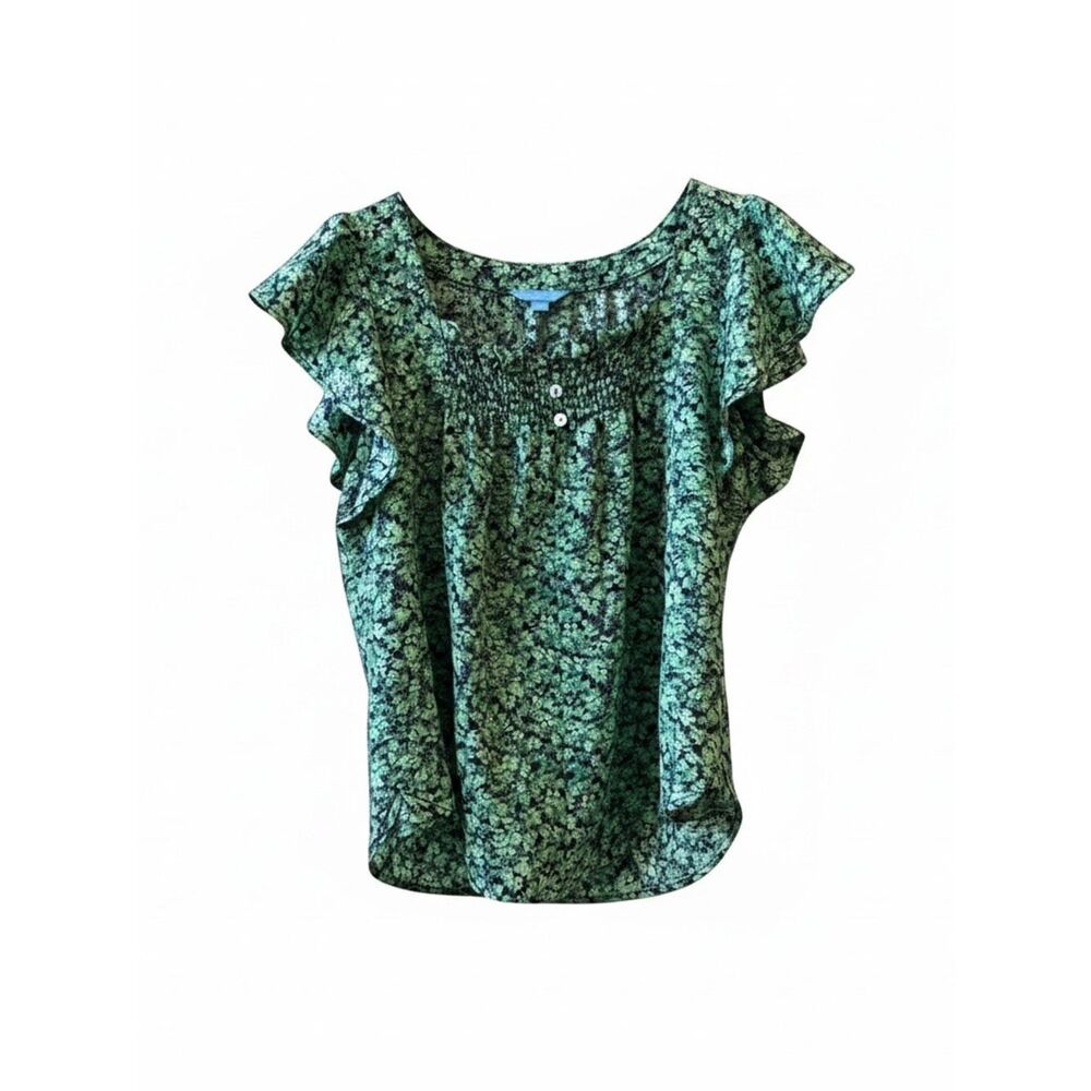 Draper James Woman’s Size S Blouse Green Square Neck Floral Flutter Short Sleeve